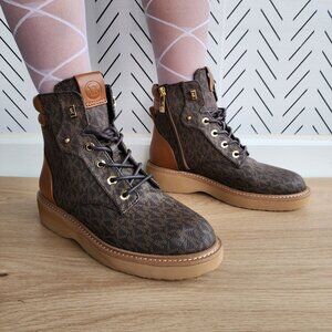 ❤️Michael Kors Womens Booties Sz 7.5 Trudy logo Leather Combat Ankle Boots Brown